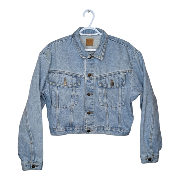 Vintage Linson Harley Davidson Patched Cropped Denim Jacket Women's Large *Stain - Picture 1 of 13